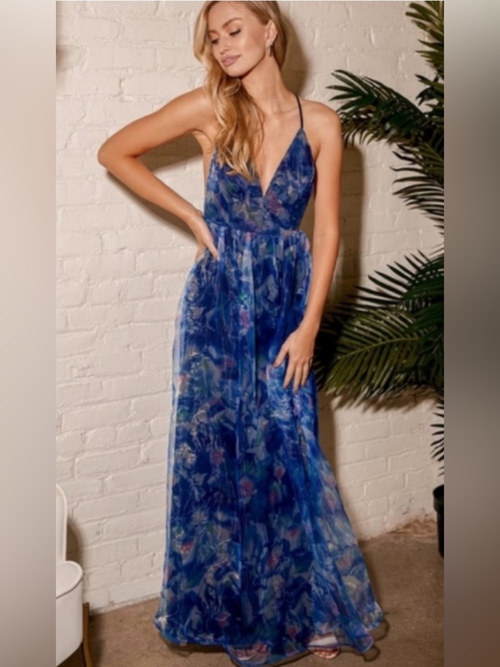 Lulu’s Bloom Wildly Navy Blue Floral Organza Maxi Dress Gown Backless XL
